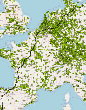 Shortest path from Rostock to Madrid (an exercise in the case study on electro mobility).